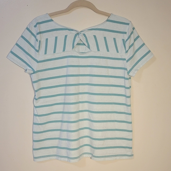 T by Talbots (Women's L) Cotton blend Striped Pastel Green Keyhole Back Top Tee - Picture 2 of 8